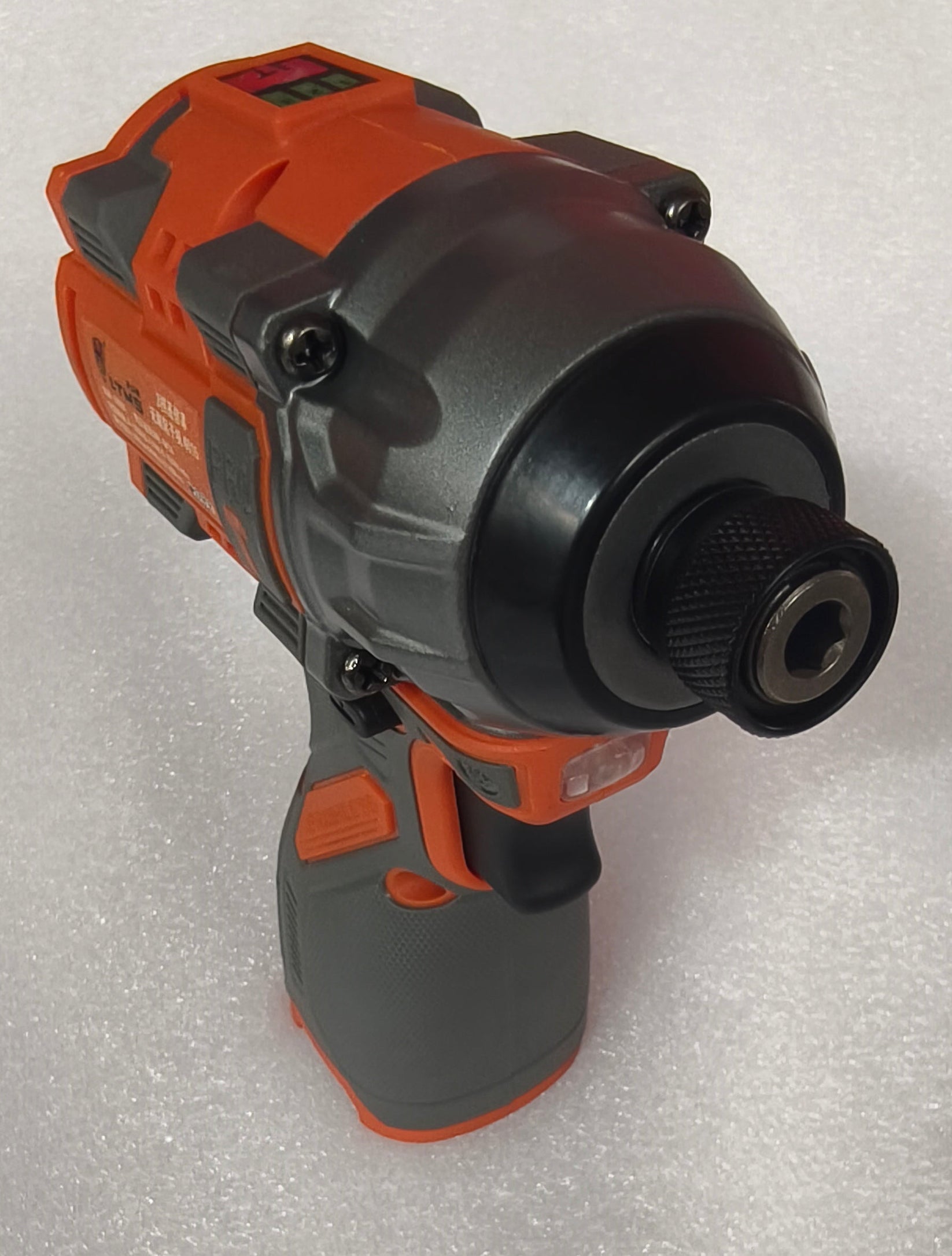 Front view of the cordless impact driver for modular furniture spare parts with LED work light