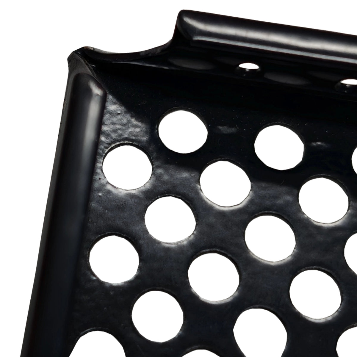 Tablette extérieure perforée Noir graphite RAL 9011, détail du coin plié