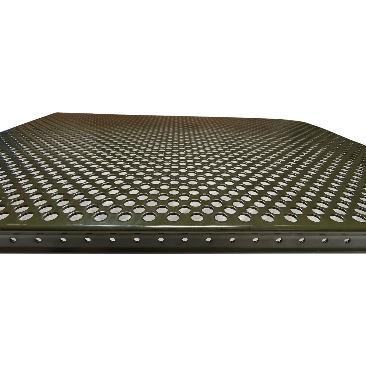 Tablette extérieure perforée Vert olive RAL 6003, vue latérale rasante avec perforation