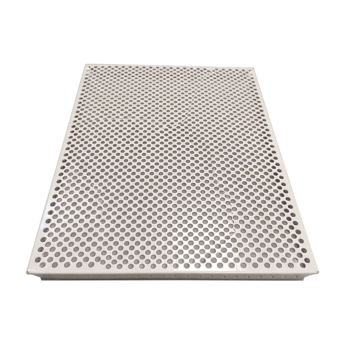 Tablette extérieure perforée Blanc pur RAL 9010, vue en biais d’en haut