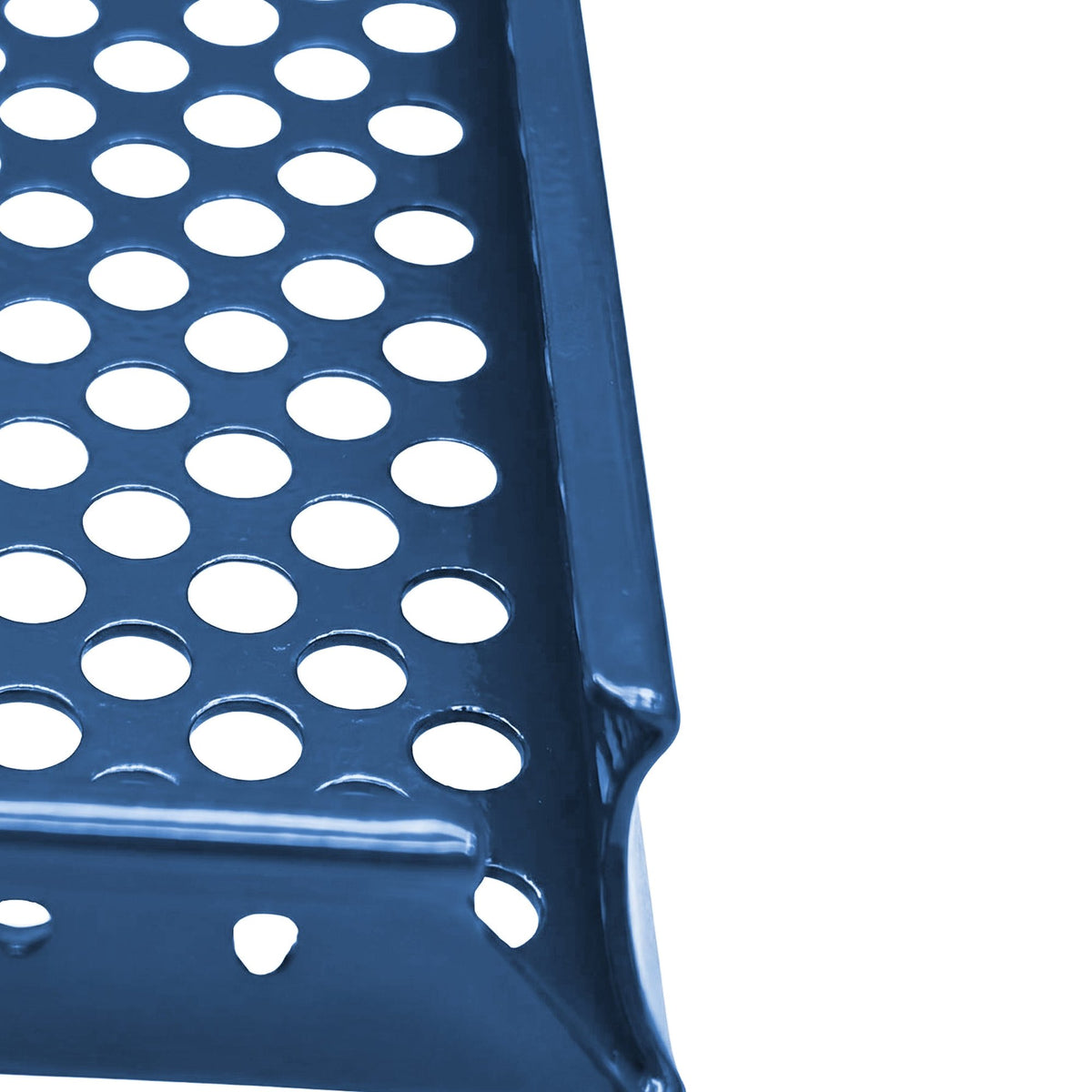 Tablette extérieure perforée Bleu acier RAL 5011, détail du coin et du bord