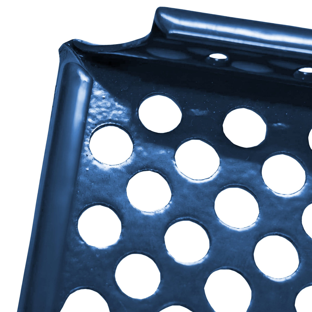 Tablette extérieure perforée Bleu acier RAL 5011, détail du coin plié